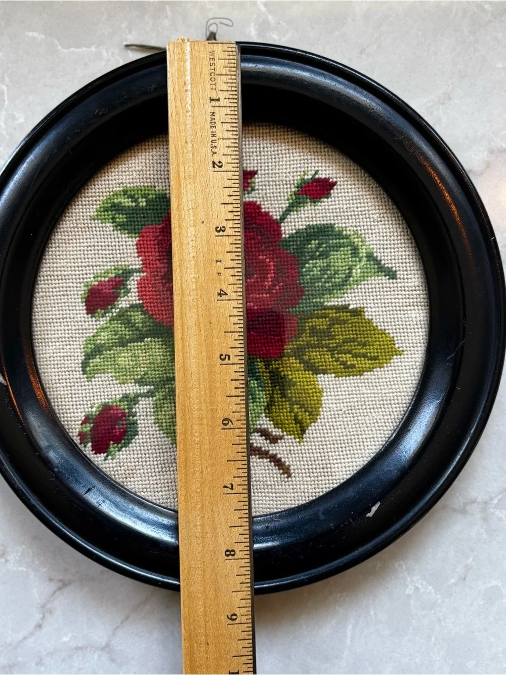 Needlepoint 1967 Red Rose Round Framed Wall Art 8.5” Vintage